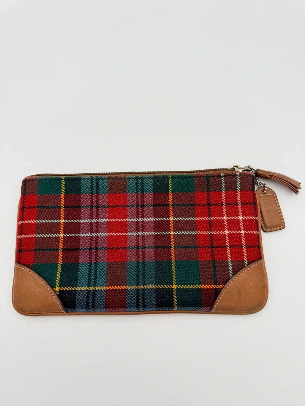 Coach Tartan Wool Leather-Trim Plaid Zip Pouch  Y2K